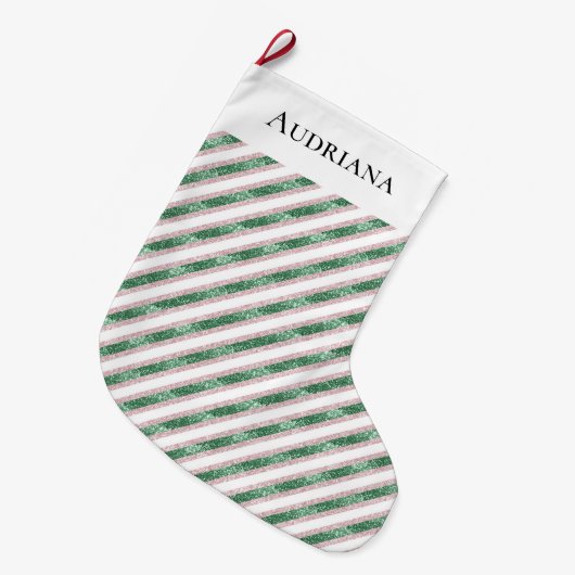 Blush Pink Green Glitter Stripes Christmas   Grote Kerstsok (Voorkant (Hangend))