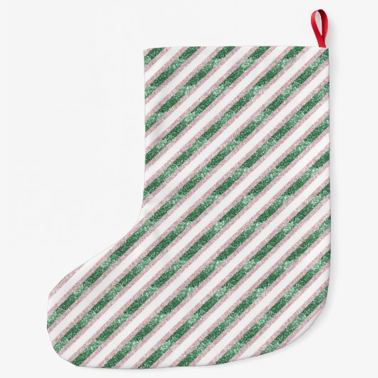 Blush Pink Green Glitter Stripes Christmas   Grote Kerstsok (Achterkant)