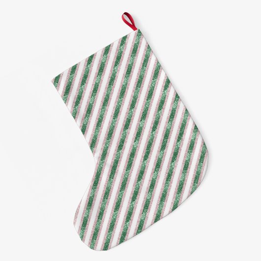 Blush Pink Green Glitter Stripes Christmas   Grote Kerstsok (Achterkant (Hangend))