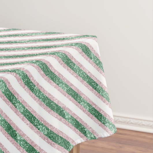 Blush Pink Green Glitter Stripes Christmas   Tafelkleed (Voorbeeld)