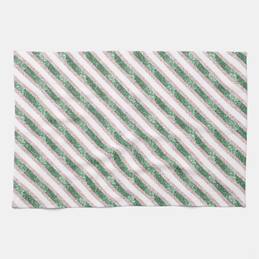 Blush Pink Green Glitter Stripes Christmas   Theedoek (Horizontaal)