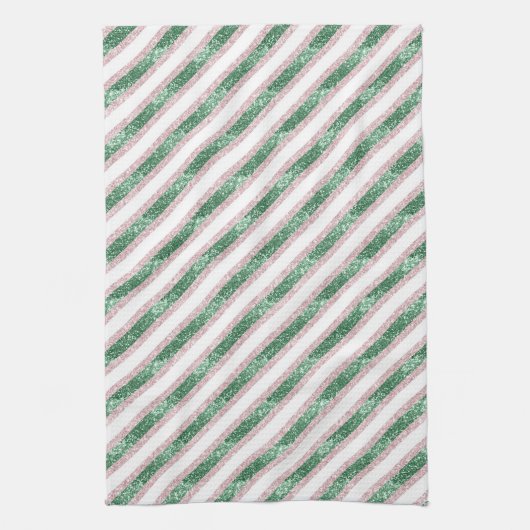 Blush Pink Green Glitter Stripes Christmas   Theedoek (Verticaal)
