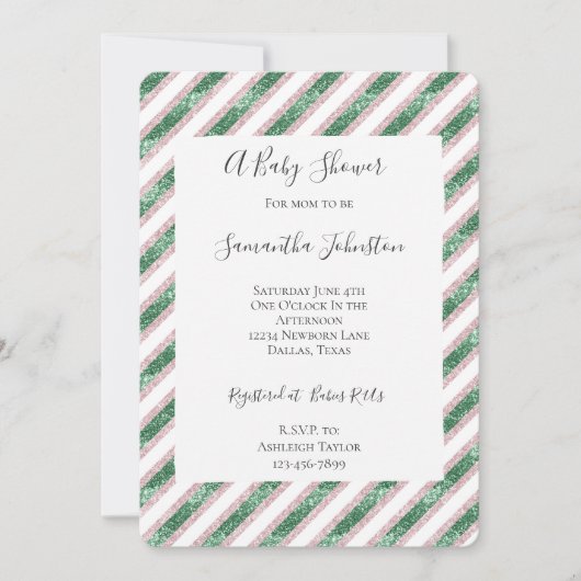 Blush Pink Green Glitzy Glam Stripes Baby Shower Kaart (Voorkant)