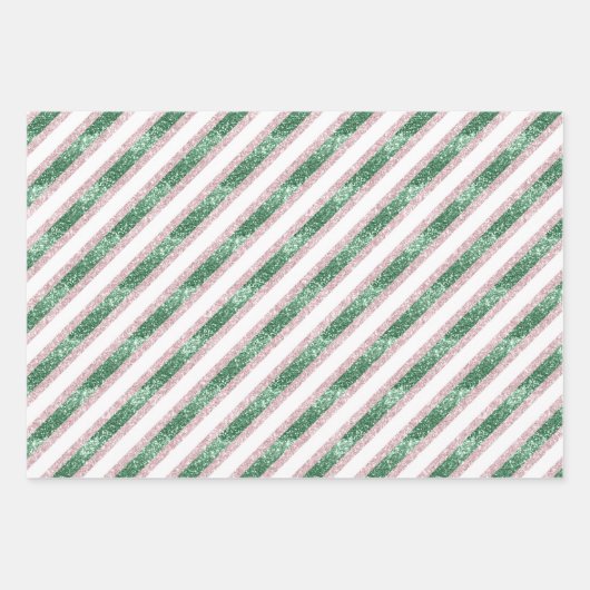 Blush Pink Green Glitzy Stripes Christmas Inpakpapier Vel (Voorkant 3)