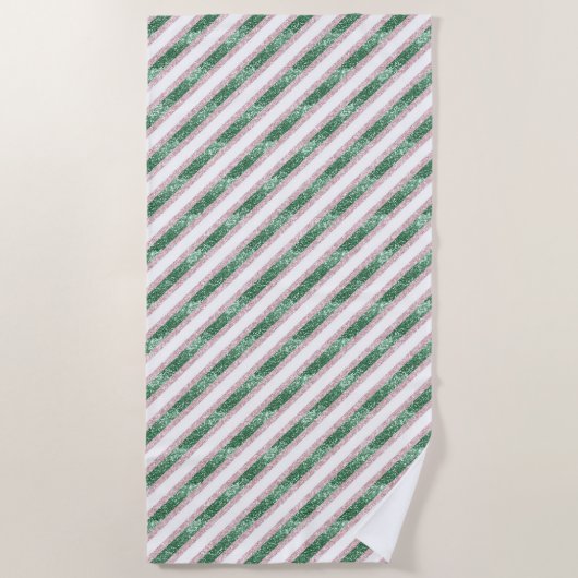 Blush Pink Green Glitzy Stripes Strandlaken (Voorkant)