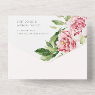 BLUSH PINK GREEN PEONY FLORAL WATERVERF WEDT A ALL IN ONE UITNODIGING