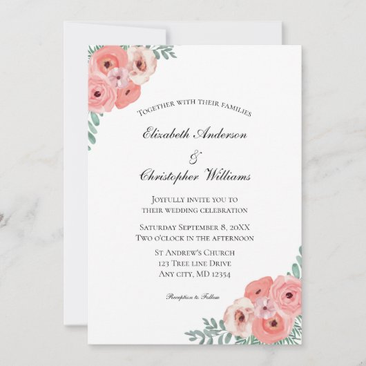 Blush Pink Green Waterverf Floral Elegant Wedding Kaart (Voorkant)