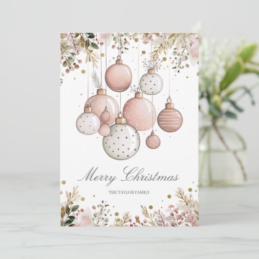 Blush Pink Greenery Christmas Familie Foto Feestdagenkaart (Staand voorkant)