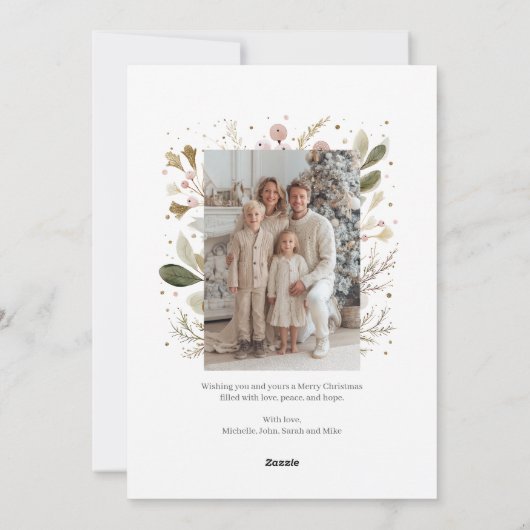 Blush Pink Greenery Christmas Familie Foto Feestdagenkaart (Achterkant)