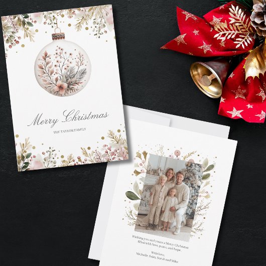 Blush Pink Greenery Christmas Familie Foto Feestdagenkaart