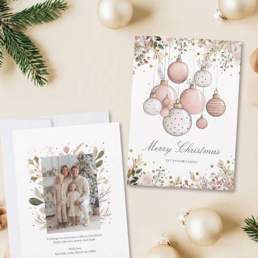 Blush Pink Greenery Christmas Familie Foto Feestdagenkaart