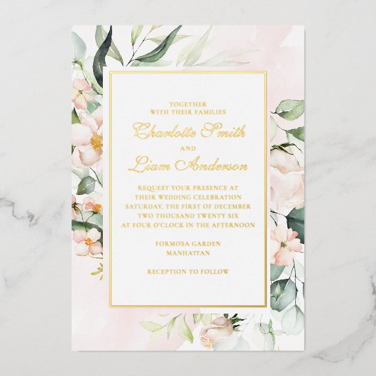 Blush Pink & Greenery Elegant Wedding Gold Folie Uitnodiging (Voorkant)