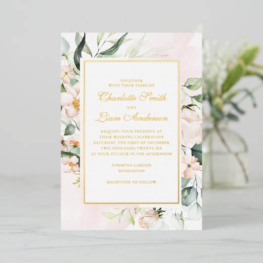 Blush Pink & Greenery Elegant Wedding Gold Folie Uitnodiging (Staand Voorkant)