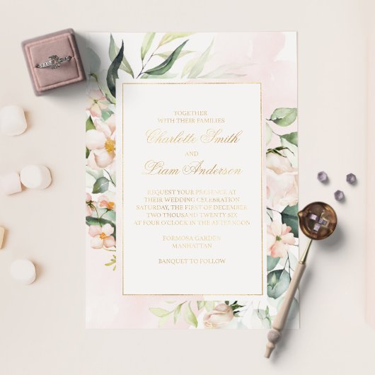 Blush Pink & Greenery Elegant Wedding Gold Folie Uitnodiging