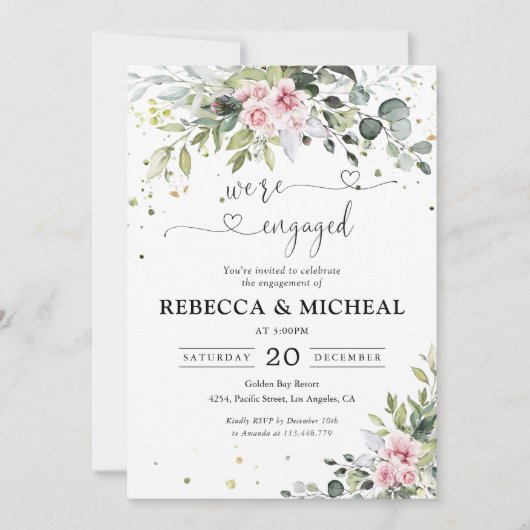 Blush Pink Greenery Engagement Party Uitnodiging (Voorkant)