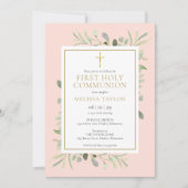 Blush Pink Greenery First Heilige Communie Kaart (Voorkant)