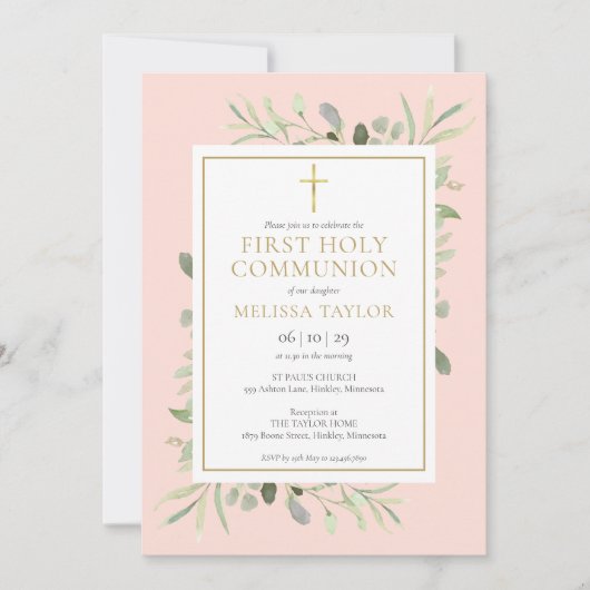 Blush Pink Greenery First Heilige Communie Kaart (Voorkant)