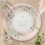 Blush Pink Greenery First Heilige Communie Papieren Bordje<br><div class="desc">Met delicate waterverf groene bladeren op een roze achtergrond en een elegante goudkruisiging kan dit bord van de heilige rotskleurige gemeenschap gepersonaliseerd worden met uw speciale gebeurtenisinformatie. Ontworpen door: Thisnotme©</div>