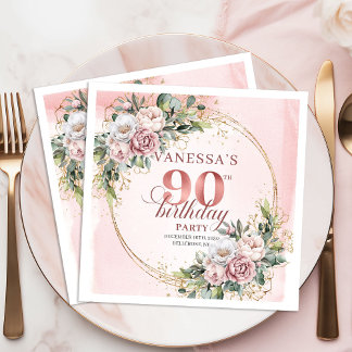 Blush Pink Greenery Floral 90th Birthday Party   Servet