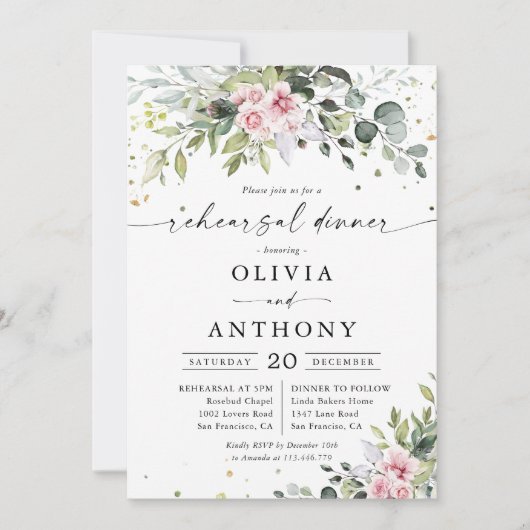 Blush Pink Greenery repetitie diner uitnodiging (Voorkant)