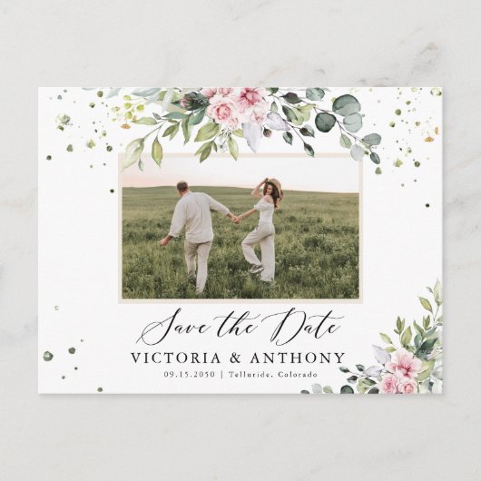 Blush Pink Greenery Save The Date Briefkaart (Voorkant)