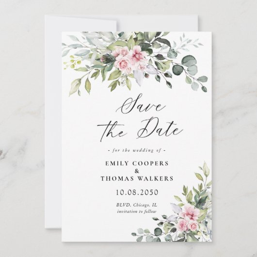 Blush Pink Greenery Save the Date Uitnodiging (Voorkant)