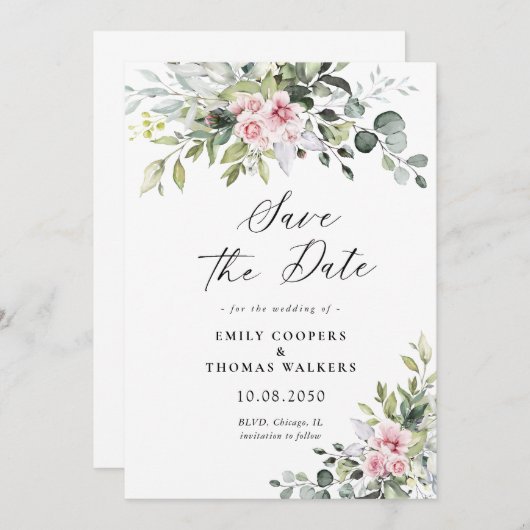 Blush Pink Greenery Save the Date Uitnodiging (Voorkant / Achterkant)