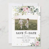 Blush Pink Greenery Sla de datum op met fotokaart Save The Date (Voorkant)