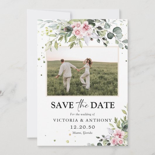 Blush Pink Greenery Sla de datum op met fotokaart Save The Date (Voorkant)