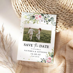 Blush Pink Greenery Sla de datum op met fotokaart Save The Date