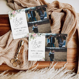 Blush Pink Greenery Sla de datum op met fotokaart Save The Date