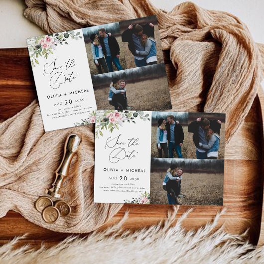 Blush Pink Greenery Sla de datum op met fotokaart Save The Date