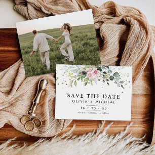 Blush Pink Greenery Sla de datum op met fotokaart Save The Date