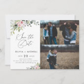 Blush Pink Greenery Sla de datum op met fotokaart Save The Date (Voorkant)