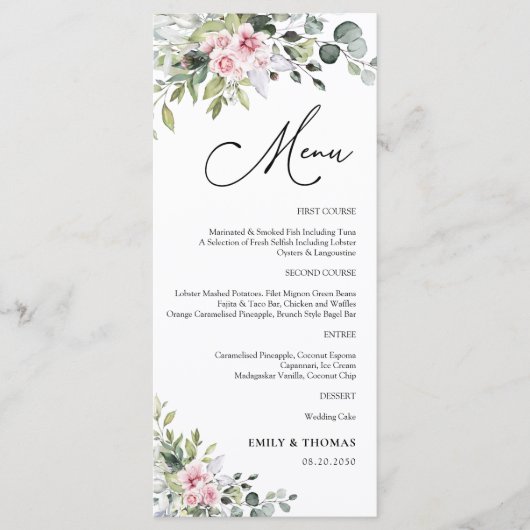 Blush Pink Greenery Vrijgezellenfeest Menu (Voorkant)