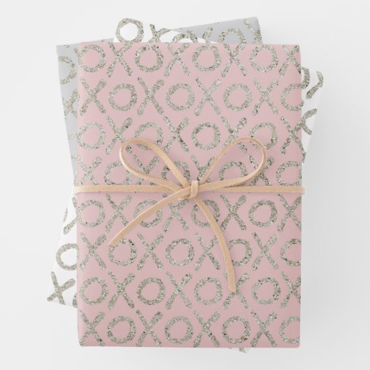 Blush Pink Grey Glitzy Silver XOXO Inpakpapier Vel (In situ)