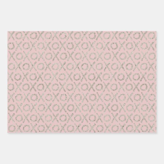 Blush Pink Grey Glitzy Silver XOXO Inpakpapier Vel (Voorkant)