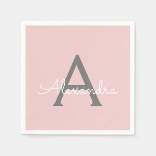 Blush Pink Grey Script Monogram Naam Modern Servet