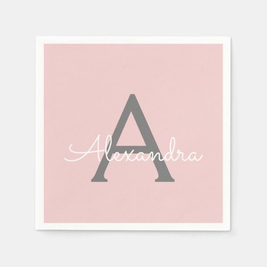 Blush Pink Grey Script Monogram Naam Modern Servet (Voorkant)