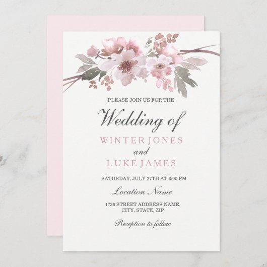 Blush Pink & Grey Winter Floral Wedding Kaart (Voorkant / Achterkant)