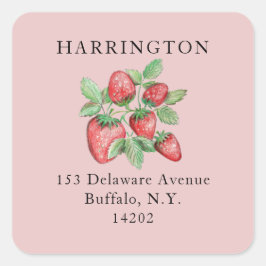 Blush Pink Hand-Drawn Strawberry Retouradres Vierkante Sticker