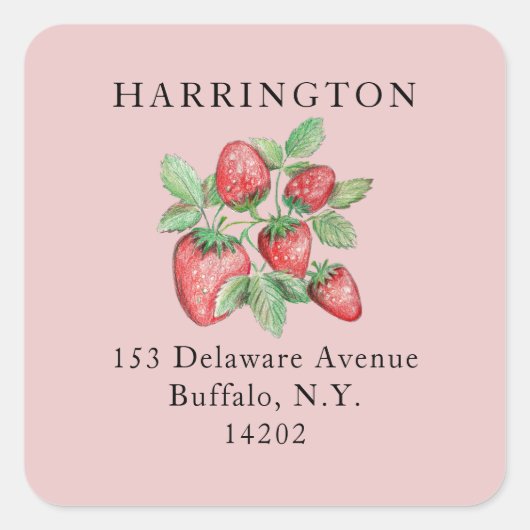 Blush Pink Hand-Drawn Strawberry Retouradres Vierkante Sticker (Voorkant)