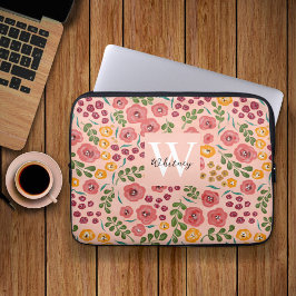 Blush Pink Hand-geschilderd Mixed Floral Naam Mono Laptop Sleeve
