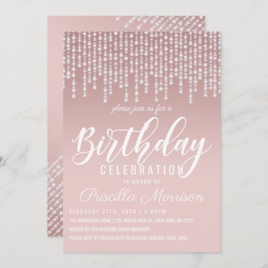 Blush Pink Hanging Diamond Lights Verjaardag Kaart (Voorkant / Achterkant)