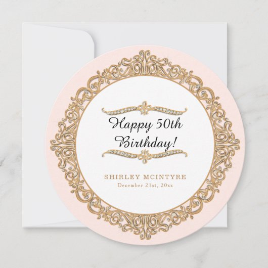Blush Pink Happy 50th Birthday Gold Jewel Glam Kaart (Voorkant)