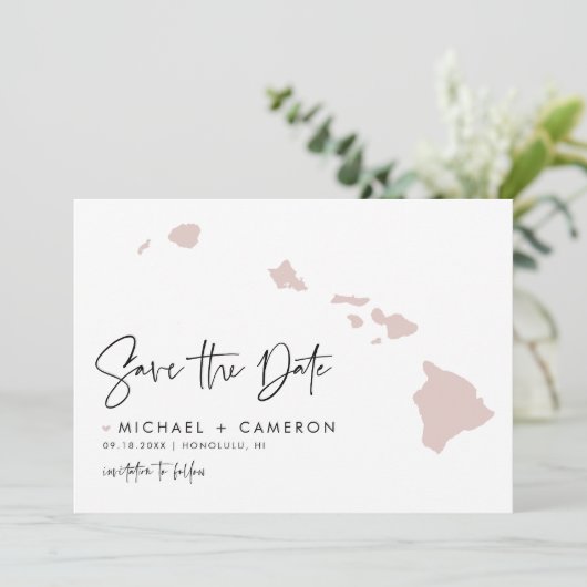 Blush Pink Hawaii Map Modern minimalistisch script Save The Date (Staand voorkant)