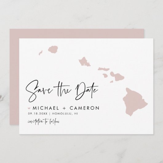 Blush Pink Hawaii Map Modern minimalistisch script Save The Date (Voorkant / Achterkant)