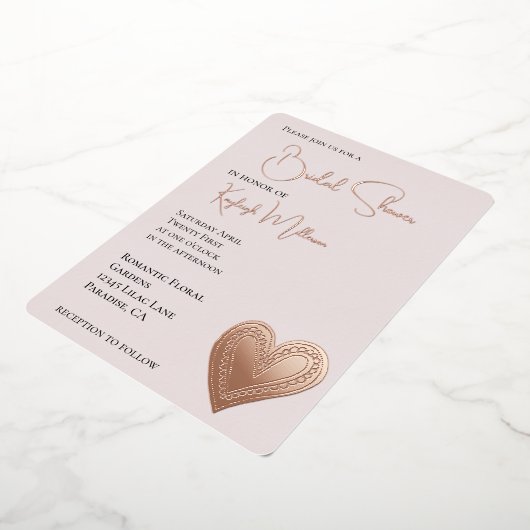 Blush Pink Heart Vrijgezellenfeest Folie Uitnodiging (Gedraaid)