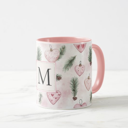 Blush Pink Hearts Christmas Monogram Mok (Voorkant rechts)