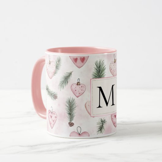 Blush Pink Hearts Christmas Monogram Mok (Voorkant links)